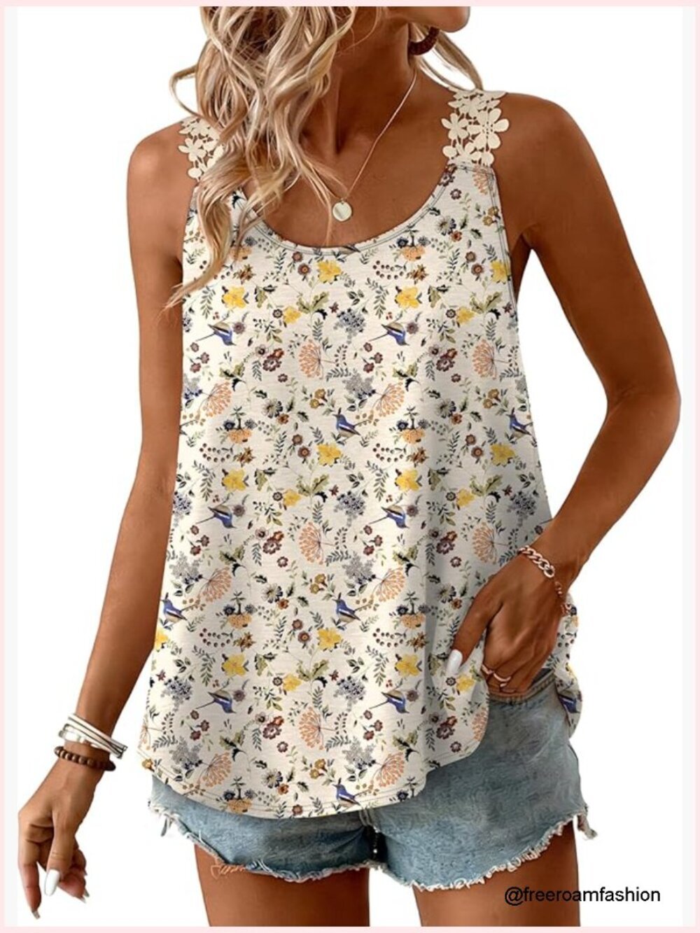 Loose Fit Crew Neck Sleeveless Tank Top Lace Trim Curved Hem Summer Top
